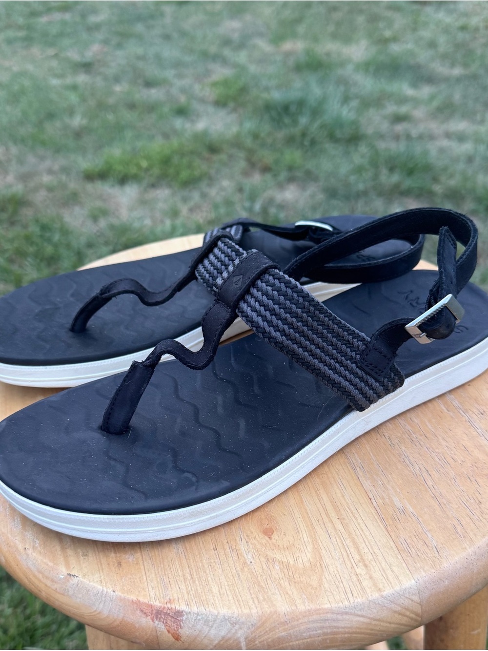 Ladies Sperry Black Braided Strap Toe-Ring Sandals with White Sole